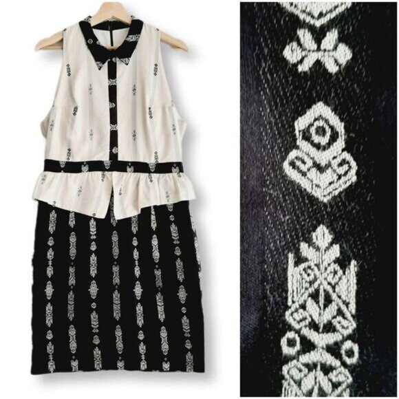 EVE GRAVEL Contrast Collar Peplum Sheath Dress Floral Embroidery B&W Sz L - Picture 1 of 16